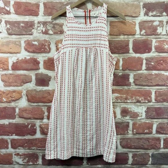 Lou & Grey Dress Womens Large White Red Diamond Striped Embroidered Gauzy Zip Up - Picture 1 of 8